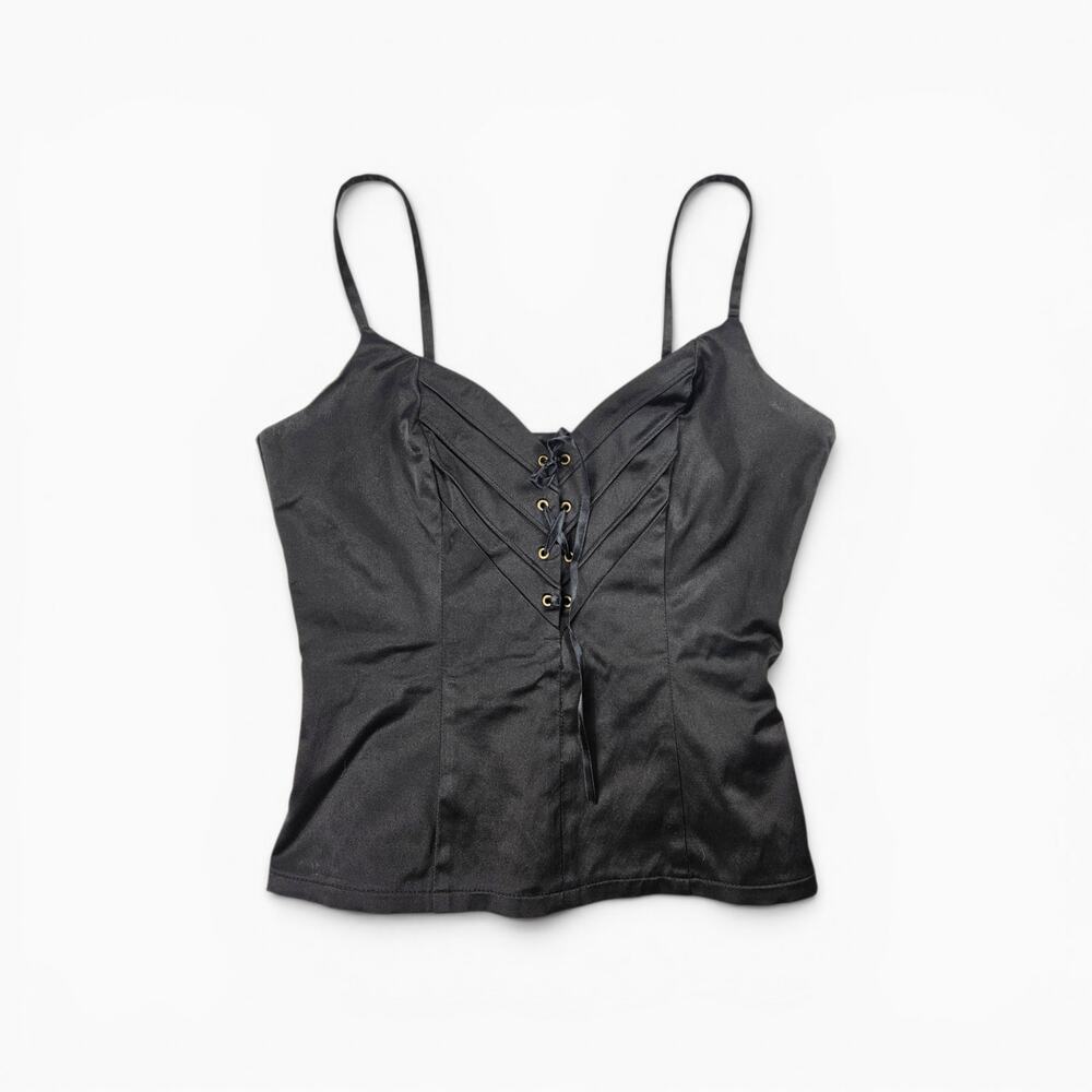 Euro Cami Bustier Top Black Satin Lace-Up Front - Small